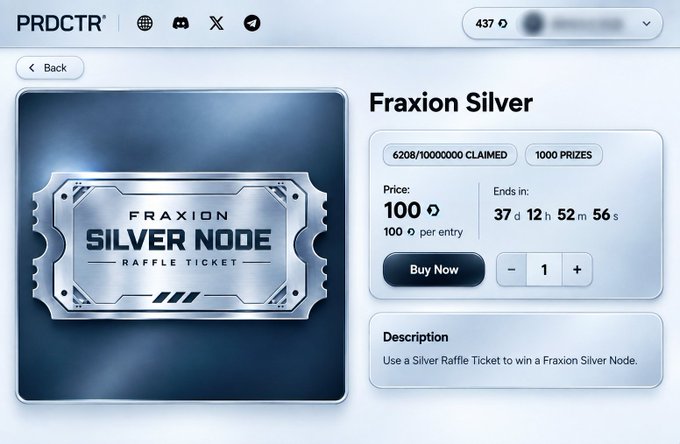 The image shows a PRDCTR raffle page for a "Fraxion Silver Node," priced at 100 (likely a token/points) per entry, with 6,208/10,000,000 entries claimed out of 1,000 prizes available and 37 days remaining. It directly supports the post's claim about PRDCTR's loyalty program by showcasing the Fraxion Nodes that users can win by earning points through connecting their wallet, X, and Discord.