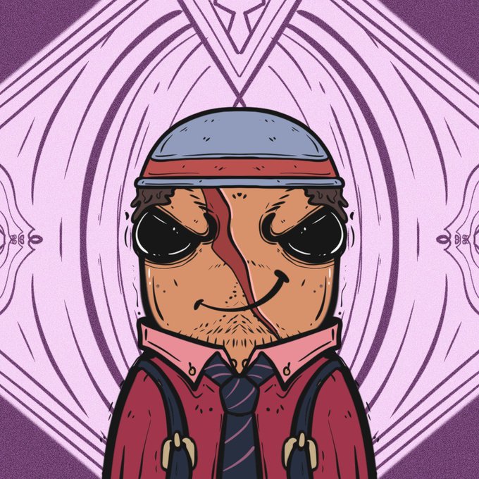 A stylized cartoon illustration of a character with large black sunglasses, a blue and red striped headband, a smirk, stubble, and a red shirt with suspenders and a dark tie, set against a purple patterned background.
