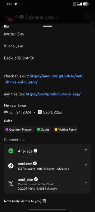 A Discord profile for 'anoi_exe' showing bio 'iWrite • iDev', roles including 'Quantum Pioneer', 'Qubits', and 'Waiting Room', with links to projects on anoi-xyz.github.io and zer0predict.vercel.app.