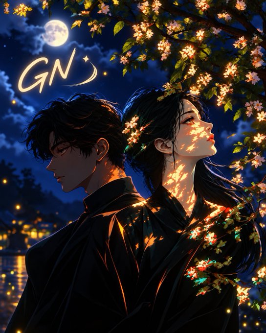 An anime-style illustration of a man and woman in dark clothing standing back-to-back beneath cherry blossoms and a full moon, with 'GN' written in the sky.