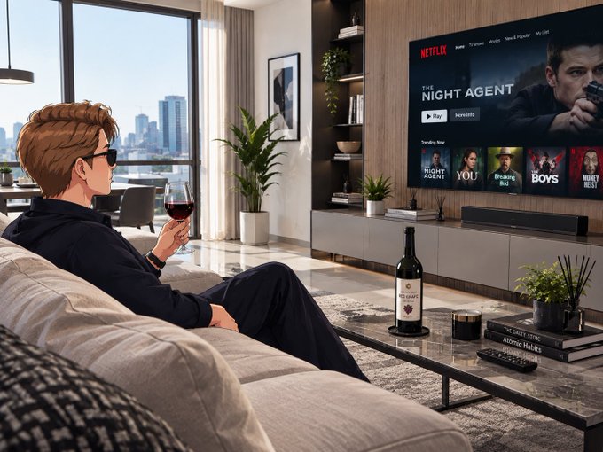 An illustration of a person relaxing on a couch, drinking red wine, while watching Netflix on a large TV displaying 'The Night Agent' and other titles.