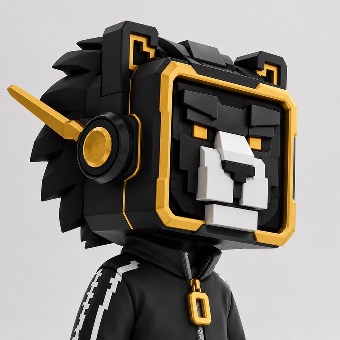 A 3D-rendered character with a blocky, voxel-style head featuring a lion-like face with mane and ears. The character wears a black jacket with white skeleton-like bone patterns and a gold zipper pull, set against a plain grey background.
