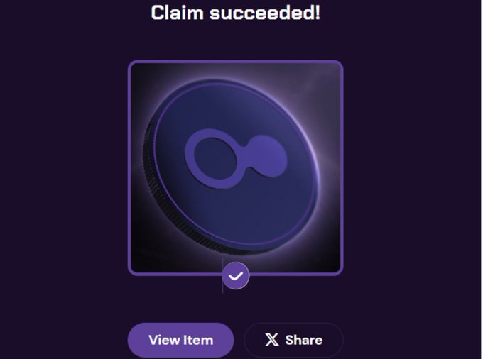 A digital screen displays a purple-themed 'Claim succeeded!' message with a checkmark over a 3D-rendered coin bearing an infinity-like logo, alongside 'View Item' and 'X Share' buttons.