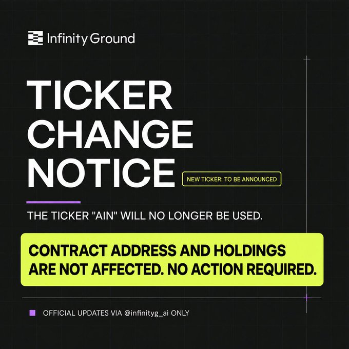 A black-themed Infinity Ground announcement graphic with neon green and purple accents displays a "TICKER CHANGE NOTICE," stating that the current ticker "AIN" will be replaced by a new ticker to be announced, while emphasizing in a bright yellow highlight box that the contract address, holdings, and tokenomics remain unchanged and no action is required from holders, with official updates directed to @infinityg_ai.