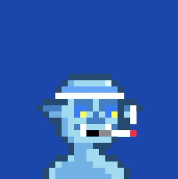A pixel art character with light blue skin, a white headband, and a cigarette in its mouth on a dark blue background.