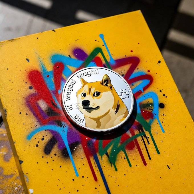 A physical Dogecoin coin featuring the Shiba Inu dog and the text 'wow such wagmi much coin very currency' resting on a yellow surface covered in colorful graffiti.