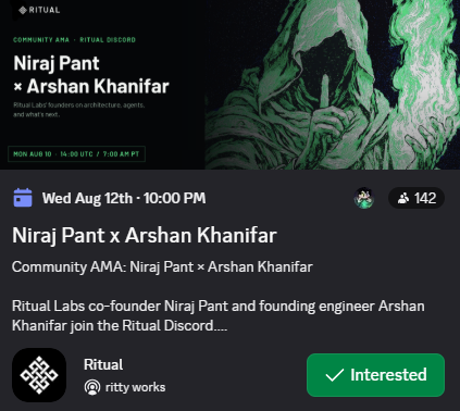 A community AMA announcement for 'Niraj Pant x Arshan Khanifar' hosted by Ritual Labs on Wednesday August 12th at 10:00 PM, featuring dark artwork with a hooded figure and 142 RSVPs.