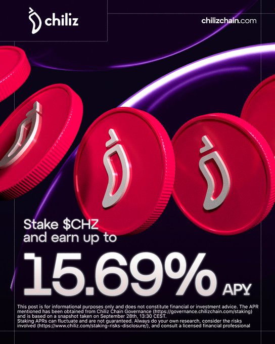 A promotional image for Chiliz Chain features red coin tokens embossed with the Chiliz "S" logo alongside text announcing "Stake $CHZ and earn up to 15.69% APY" (referencing chili­zchain.com). The graphic visually reinforces the post's message about staking CHZ for network security and rewards, highlighting the attractive yield opportunity available through the platform.