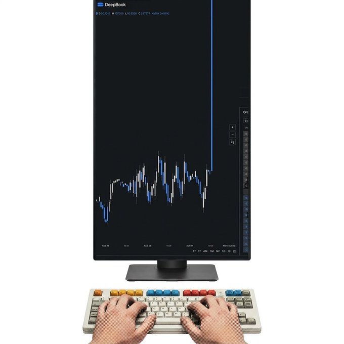 A person types on a colorful mechanical keyboard while viewing a DeepBook chart for BTCUSDT (priced at $101,020) on a vertical monitor, illustrating the post's promotion of DeepBook as a prediction market platform for trading Bitcoin price ranges.