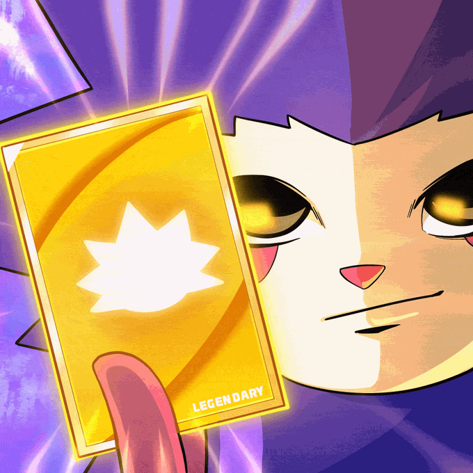 A stylized cartoon character with purple hair holding a glowing yellow card with a white star and the word 'LEGENDARY' written at the bottom.