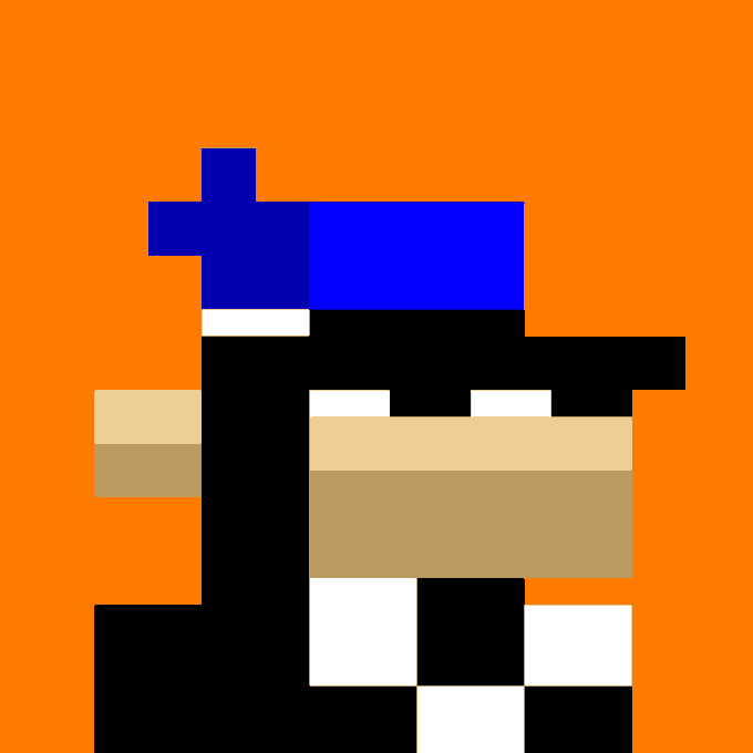 The image features an orange background with a cartoon character wearing a blue hat and a baseball cap. The character appears to be a black and white dog, possibly a cartoon dog or a dog-like creature from a video game. The character's face is prominently displayed in the center of the image. In the bottom right corner, there is text that reads "NodeMonke bought for 0.3117 BTC by cqxr from Satflow". This suggests that the character might be a valuable item or collectible within the gaming community.