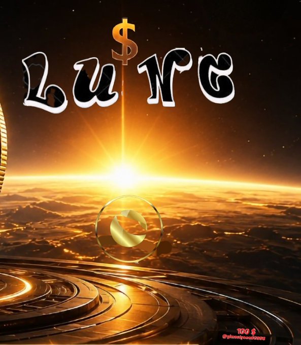 A stylized graphic with the word 'LUNG' featuring a dollar sign above the 'U', set against a golden sunrise over clouds with a smiley face design and '100 $ @photoperiodxx' watermark.