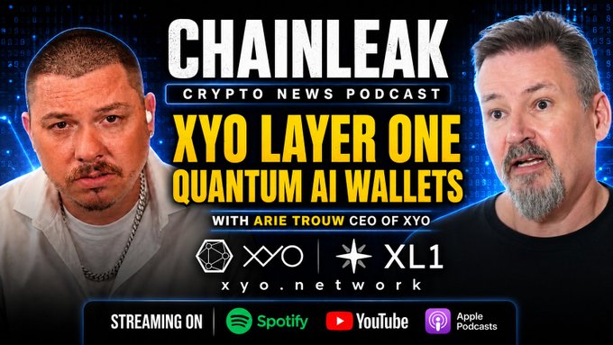 The image features a poster for a podcast called "ChainLeak" with two men featured, one wearing a white shirt and the other wearing a black shirt. The poster also includes text about Quantum AI wallets and mentions a YouTube video featuring the hosts of the podcast.
