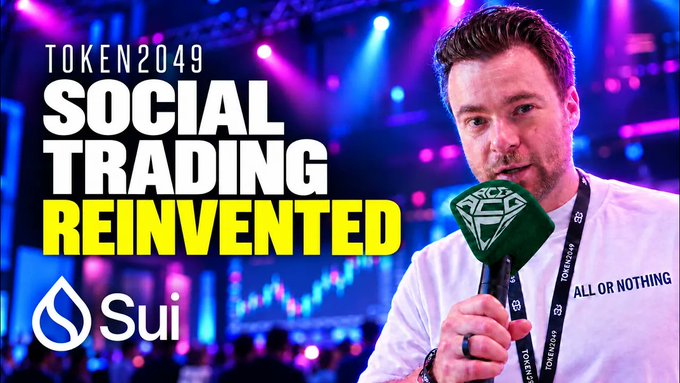 A man wearing a white "ALL OR NOTHING" shirt holds an Avorci microphone at the Token2049 event in Singapore, with on-screen text reading "TOKEN2049 SOCIAL TRADING REINVENTED" alongside the Sui logo, promoting an interview conducted at the SUI Basecamp with tradeonhudi's founder.