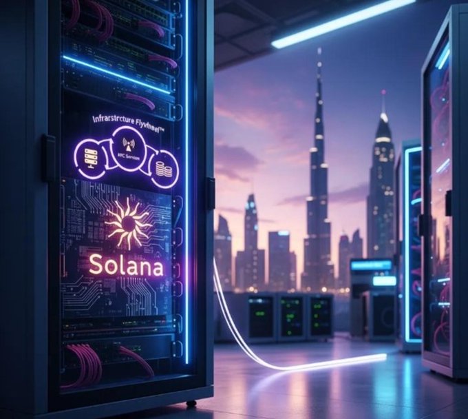 A glowing Solana-branded server rack in a futuristic data center overlooks a Dubai-style skyline at dusk, visually reinforcing the post's message about Solana's strengthening infrastructure, institutional adoption, and long-term fundamentals. The "Solana" logo and "Infrastructure" text on the server panels symbolize the network's growing technical backbone amid a cityscape suggesting global financial expansion.