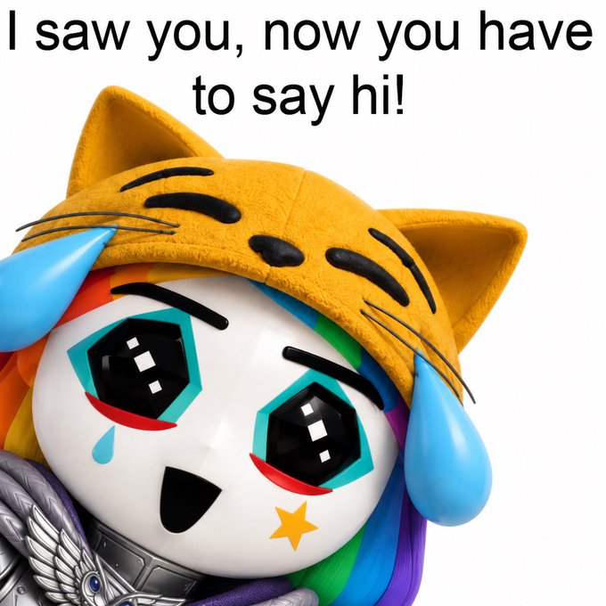 A cartoonish rainbow character with large glossy eyes wearing a yellow tiger hat, with the text 'I saw you, now you have to say hi!' at the top.
