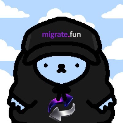 A pixel art character wearing a black hoodie with 'migrate.fun' text on it, holding a circular arrow icon against a sky background with clouds.