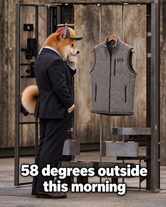 A Shiba Inu dog wearing a suit and colorful cap stands looking at a gray fleece vest hanging in a display, with the caption '58 degrees outside this morning.'