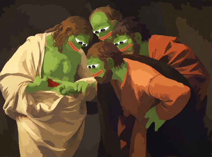 A humorous digital art edit parodying the classical painting "The Incredulity of Saint Thomas," showing the figures replaced with Pepe the Frog characters examining a wound.
