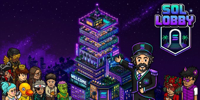 The image features a cartoon-style poster with a group of people standing around a tall building that has neon lights. The poster also includes text that reads "OFFICIAL ANNOUNCEMENT Sol Lobby launch will be soon! A social world built for #Solana, inspired by the golden era of virtual hotels, rebuilt for crypto culture, collectibles, trading and community. Create your room. Meet other players. Collect limited items. Be early." The poster is related to the post because it announces the launch of a new game or project called "Sol Lobby".