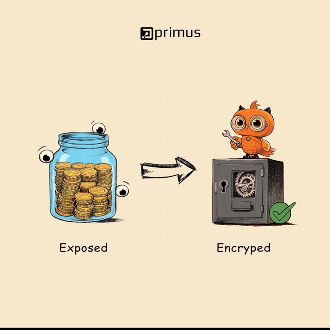A Primus-branded graphic showing a jar of gold coins labeled 'Exposed' transforming into a safe labeled 'Encrypted,' guarded by a small orange creature holding a wrench.