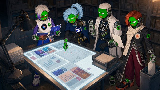 Four green-faced, futuristic characters with cybernetic enhancements gather around a glowing table analyzing data, charts, and documents in a dimly lit, tech-savvy workspace. The image visually echoes the post's message about AI bridging the gap between ideas and execution—showing a diverse team of innovators collaborating to transform concepts into reality through technology.