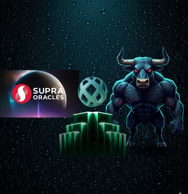The image features a dark cosmic background with a muscular blue minotaur figure with red glowing eyes standing beside green crystal pillars and a floating circular emblem. The "SUPRA ORACLES" logo is prominently displayed on the left, likely representing the blockchain oracle platform's branding.

This ties to the post about KYC concerns—using Supra Oracles imagery suggests the user is questioning whether providing personal information for KYC verification is worth participating in airdrops or projects associated with oracles like Supra, with the ominous minotaur symbolizing the intimidating trade-off between privacy and rewards.

**Text visible:** "SUPRA ORACLES"