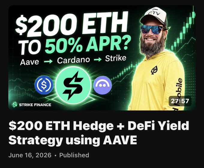 The image features a man wearing sunglasses, standing against a backdrop of green bars with lines indicating a trading chart. In the foreground, there's a banner displaying text that reads "200 ether hedge + defi yield strategy using AAVE". The main focus of the image is on this informational poster, providing details about an intriguing financial strategy involving both cryptocurrency and traditional financial instruments like ETFs and hedges.