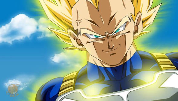 A Super Saiyan version of Vegeta, the Saiyan Prince from Dragon Ball, gazes intensely with blue eyes and a golden aura against a sky backdrop. The image reinforces the post's declaration of loyalty to Vegeta by visually representing his legendary Saiyan power, humorously framing his followers as devoted to the "Saiyan Prince" while dismissing other cryptocurrencies.