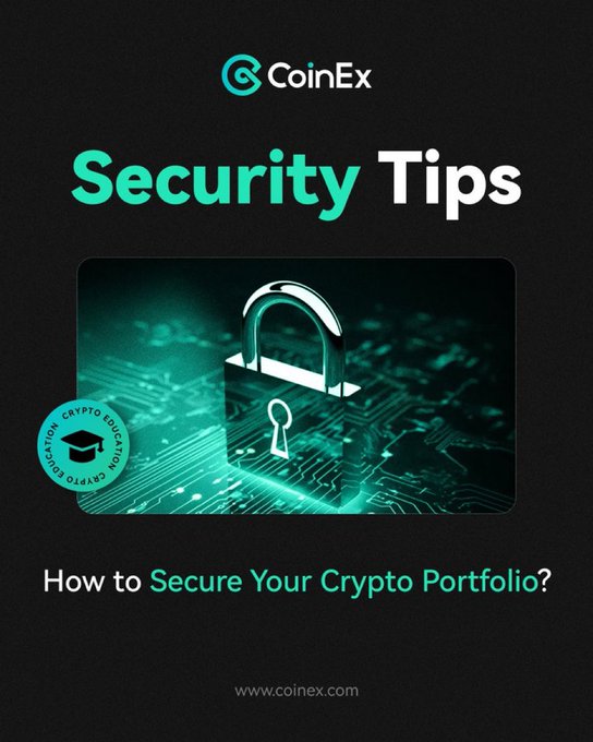 A CoinEx promotional graphic titled 'Security Tips' featuring a glowing green padlock over a circuit board, with text asking 'How to Secure Your Crypto Portfolio?'