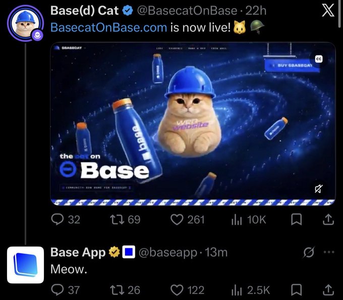 A tweet from @BasecatOnBase announces "BasecatOnBase.com is now live!" featuring a cat wearing a blue hard hat surrounded by floating "Base" bottles in a cosmic galaxy scene, garnering 10K views, while @baseapp responds simply with "Meow."—capturing the playful early momentum of the $BASECAT meme coin community.