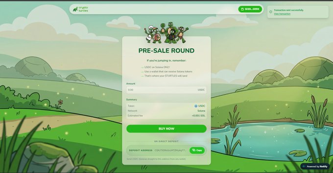The image shows a "PRE-SALE ROUND" interface for CryptoTurtles, featuring cartoon turtle mascots against a green landscape, with an option to convert USDC at a rate of 48,001 SOL per token. A "Transaction sent successfully" notification is visible in the top right corner, illustrating the smooth token purchase experience promoted in the accompanying post.
