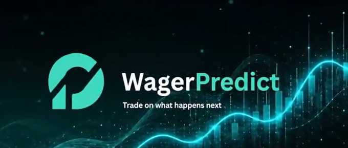 A logo for 'WagerPredict' with the tagline 'Trade on what happens next', set against a dark background with a glowing teal wave and candlestick chart graphic.