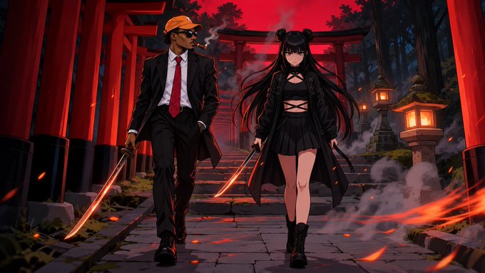 An anime-style illustration of a man in a black suit and a woman with long black hair in a black outfit, both holding glowing orange swords while walking through red torii gates.