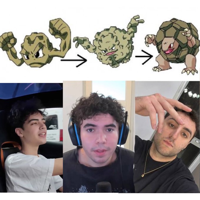The top half shows the evolution line of the Pokémon Geodude to Graveler to Golem, while the bottom half displays three separate photos of young men, presumably content creators or streamers, in various indoor settings.