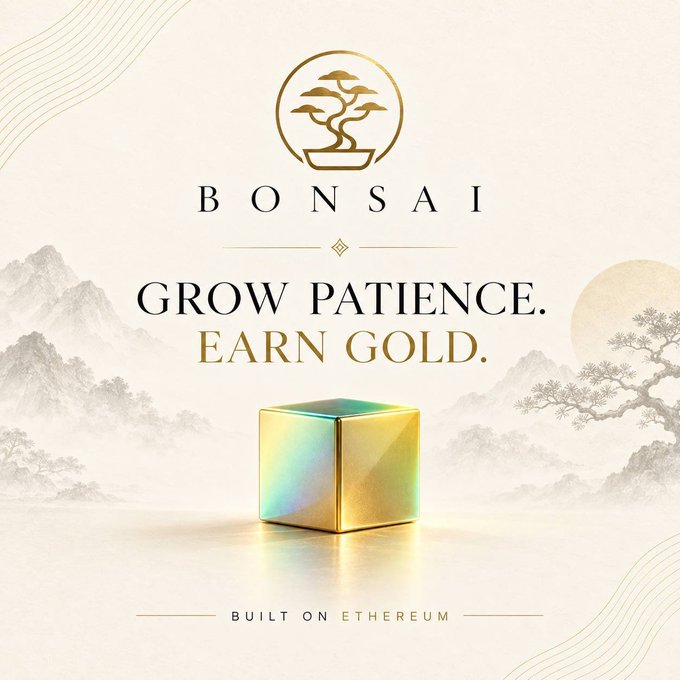 A promotional graphic for 'BONSAI' featuring a gold logo, a golden iridescent cube, and the text 'GROW PATIENCE. EARN GOLD.' with 'BUILT ON ETHEREUM' at the bottom.