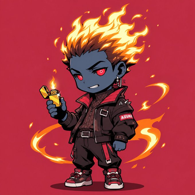 Digital anime-style artwork of a chibi character with dark skin, flaming hair, and red eyes wearing a black outfit with 'AZUKI' branding, holding a gold lighter against a red background with flames.