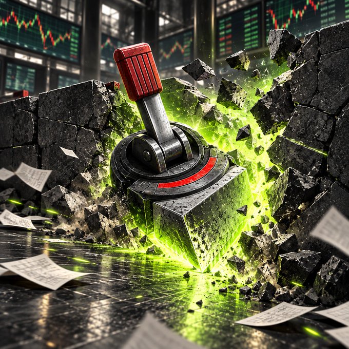 A concrete wall emblazoned with the word "RESISTANCE" is being smashed apart by a massive hydraulic jack, with green energy exploding through the cracks amid stock charts and scattered papers in the background—visually echoing the idea that strong momentum may breach resistance, but only when the underlying force is powerful enough to prove the move is genuine.
