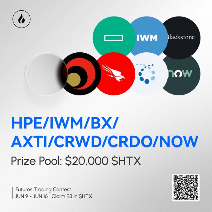 The image features a poster for an upcoming Futures Trading Contest, which will take place at ShTX on June 9th. The contest aims to promote trading of futures contracts and tokens, with a focus on the future of AI infrastructure, semiconductor materials, real estate, private markets giants, and AI networking chips. The poster includes a list of companies participating in the contest, along with their logos or symbols, such as HPE, IWM, BX, AXTI, CRWD/CRDO, and others.
