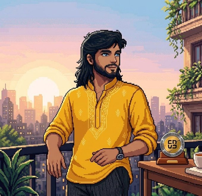 Pixel-art style illustration of a bearded man in a yellow kurta standing on a balcony with a city skyline and sunset in the background, featuring a 'CB' logo.