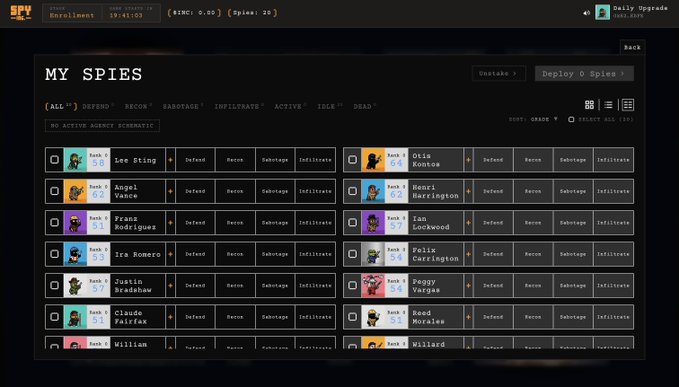The image shows a "MY SPIES" management dashboard from Spy Inc., displaying a roster of available spies including Lee Sting, Otis Knowles, Angel Vdance, Henri Harrington, Frans Rodriguez, Ian Lockwood, Ira Romero, Felix Carrington, Justin Bradshaw, Peggy Vargas, Claude Fairfax, Reed Morales, William, and Willard, each at Rank 0 with options to Defend, Recon, Sabotage, or Infiltrate. The header displays "0 SPY" branding, "Phase 1: Start in 19:41:03," an "INC: 0.00 ($INC: 20)" token counter, and a "Daily Upgrade 1,000,400%" offer, directly connecting to the tweet about the "$INC" token and Spy Inc. game where no active agency is currently running.