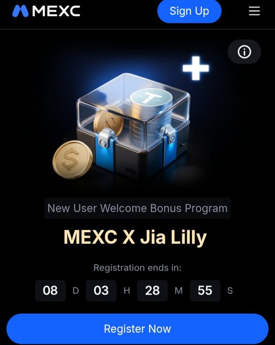 The image shows an advertisement promoting a new user welcome bonus program for Mexico Exchange Cryptocurrency. A blue and black box with coins inside serves as the main visual element, drawing attention towards the product being advertised. The website's URL is also visible in the image, indicating that it might be where people can learn more about this particular campaign or sign up to take advantage of its benefits.