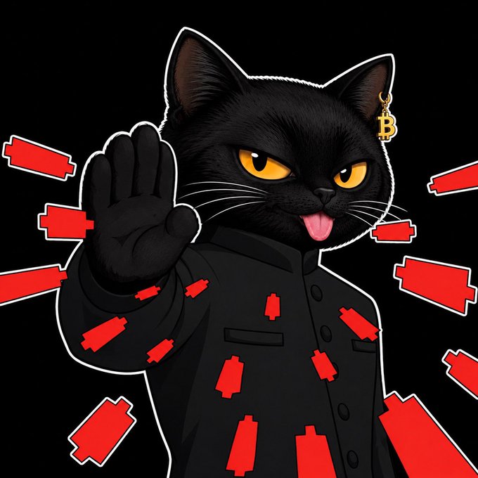 A digital illustration of a black cat with yellow eyes wearing a black jacket, sticking out its tongue and holding up a paw, surrounded by falling red candlestick chart bars and wearing a gold Bitcoin earring.