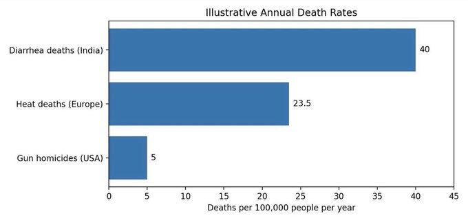 The image is a horizontal bar chart titled "Illustrative Annual Death Rates," comparing deaths per 100,000 people per year from Diarrhea in India (40), Heat in Europe (23.5), and Gun homicides in the USA (5).

The chart underscores the post's sentiment by showing that deaths from diarrhea in India and heat in Europe vastly exceed gun homicides in the USA, highlighting that often-overlooked causes of death in other parts of the world are significantly more common than a frequently debated issue in America.