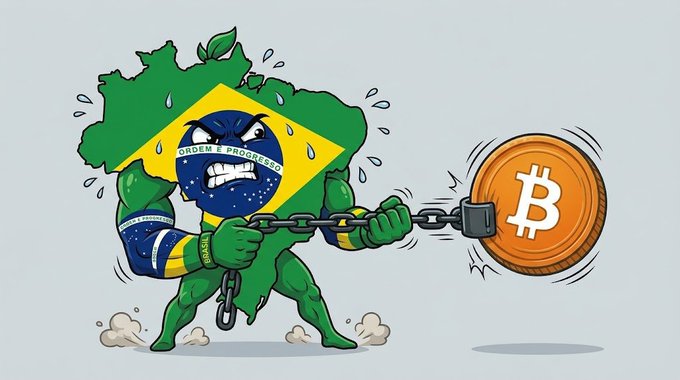 A cartoon illustration depicts a muscular anthropomorphic Brazil map figure breaking free from chains and punching a Bitcoin coin, with 'ORDEM E PROGRESSO' on its headband.