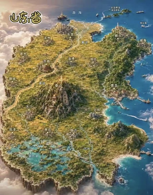 A fantasy-style illustrated map of Shandong Province (山东省) in China, showing cities like Jinan, Qingdao, Yantai, Weihai, and Jining with detailed terrain, mountains, and coastal features.