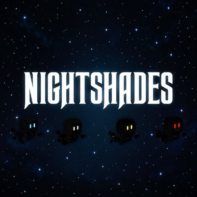 The image displays the title "NIGHTSHADES" in bold stylized text against a starry night sky backdrop, with four small dark knight-like figures below, each featuring glowing eyes in different colors (cyan, white, yellow, and red), visually representing the "Nightshades" project and the "Knights" mentioned in the post that have been activated to Anvil Lord tier.