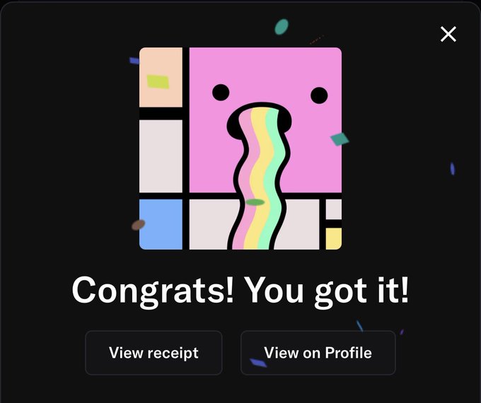 The image shows a social media post with a message congratulating someone for their achievements or accomplishments, specifically mentioning that they got something. The post includes a colorful cartoon character, possibly a dog, which adds a playful element to the message. The post also mentions a "view profile" button and a "receipt view on profile" button, suggesting that the person who posted the message might want to share their achievements with others or keep track of their online activities for personal reasons.