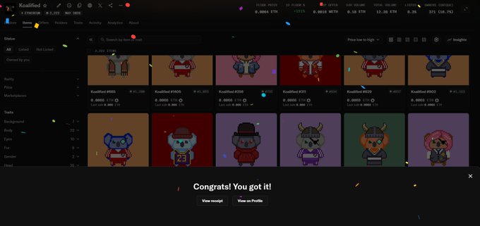 A screenshot of the Koalified NFT collection on Magic Eden shows 12 items listed at 0.0006 ETH each, with a "Congrats! You got it!" notification confirming a successful purchase. The collection includes various pixel-art animal characters, such as Koalified #0050, #0025, and #0102, aligning with the post's announcement of filling the vault with 100 Koalifieds.