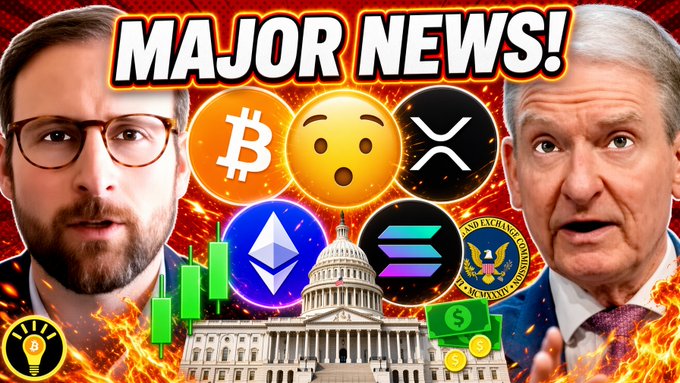 This vibrant thumbnail features "MAJOR NEWS!" in bold text at the top, flanked by two men's faces with cryptocurrency logos (Bitcoin, Ethereum, Solana, and XRP) and the US Capitol building displayed between them against fiery orange backgrounds. The "Thinking Crypto" lightbulb logo appears in the bottom-left corner. The dramatic imagery aligns with the post's announcement about a major SEC crypto custody update and big banks launching global stablecoins, emphasizing the regulatory and financial significance with symbols of cryptocurrency and government.